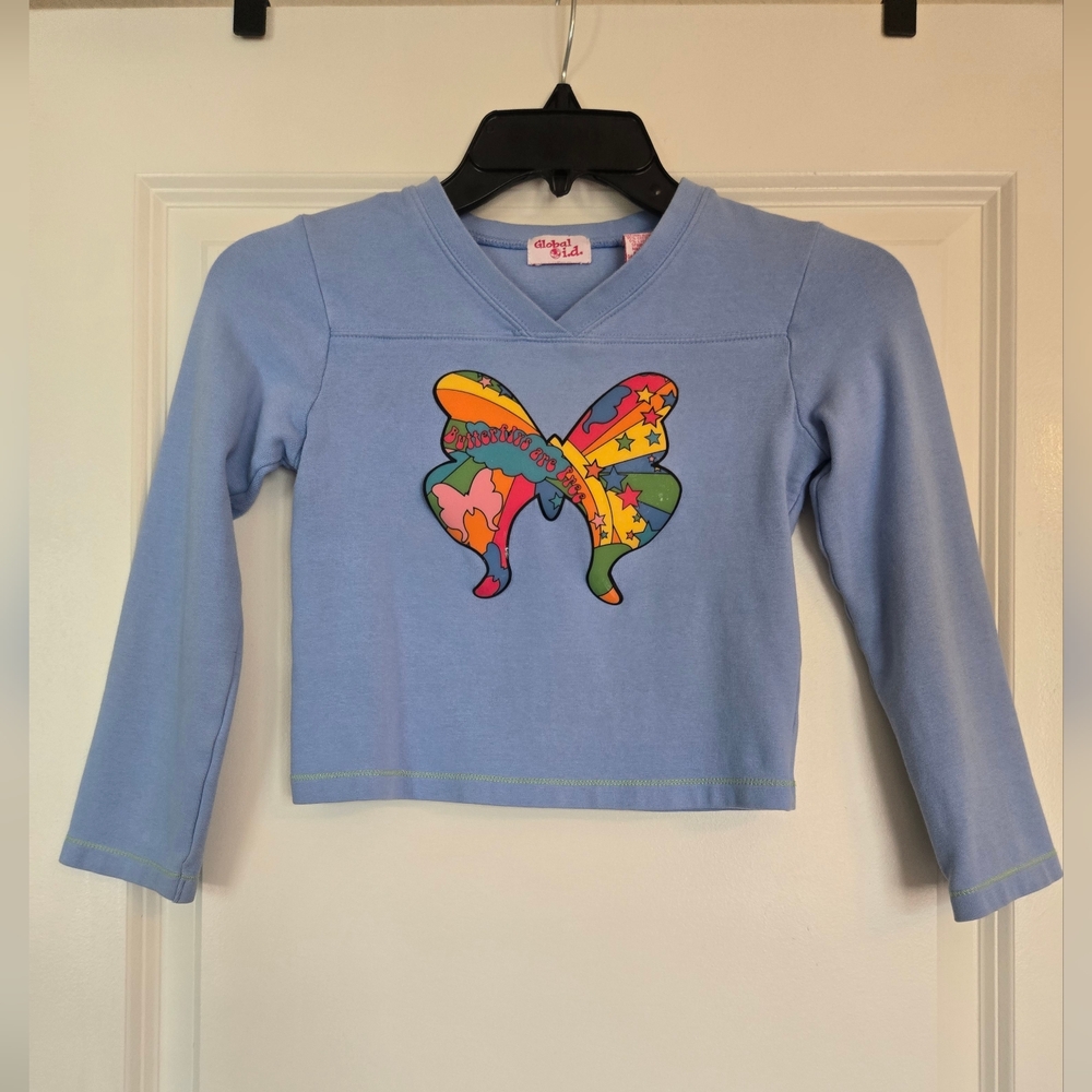Y2K Global ID Kids Cotton Baby Blue Butterfly Crop Top 3/4 Sleeve 7–8